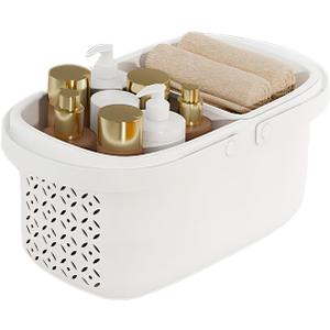 Pulseplay Plastic Shower Caddy Basket with Handle Portable Organizer Storage Basket with Drainage Holes for Bathroom College Dorm Bedroom Kitchen Gym (White)