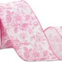 Floral Wired Edge Ribbon Roll Pink Flower Chinoiserie Fabric Ribbon for Wreath Bow Making DIY Crafts Gift Wrapping, 12 Yard