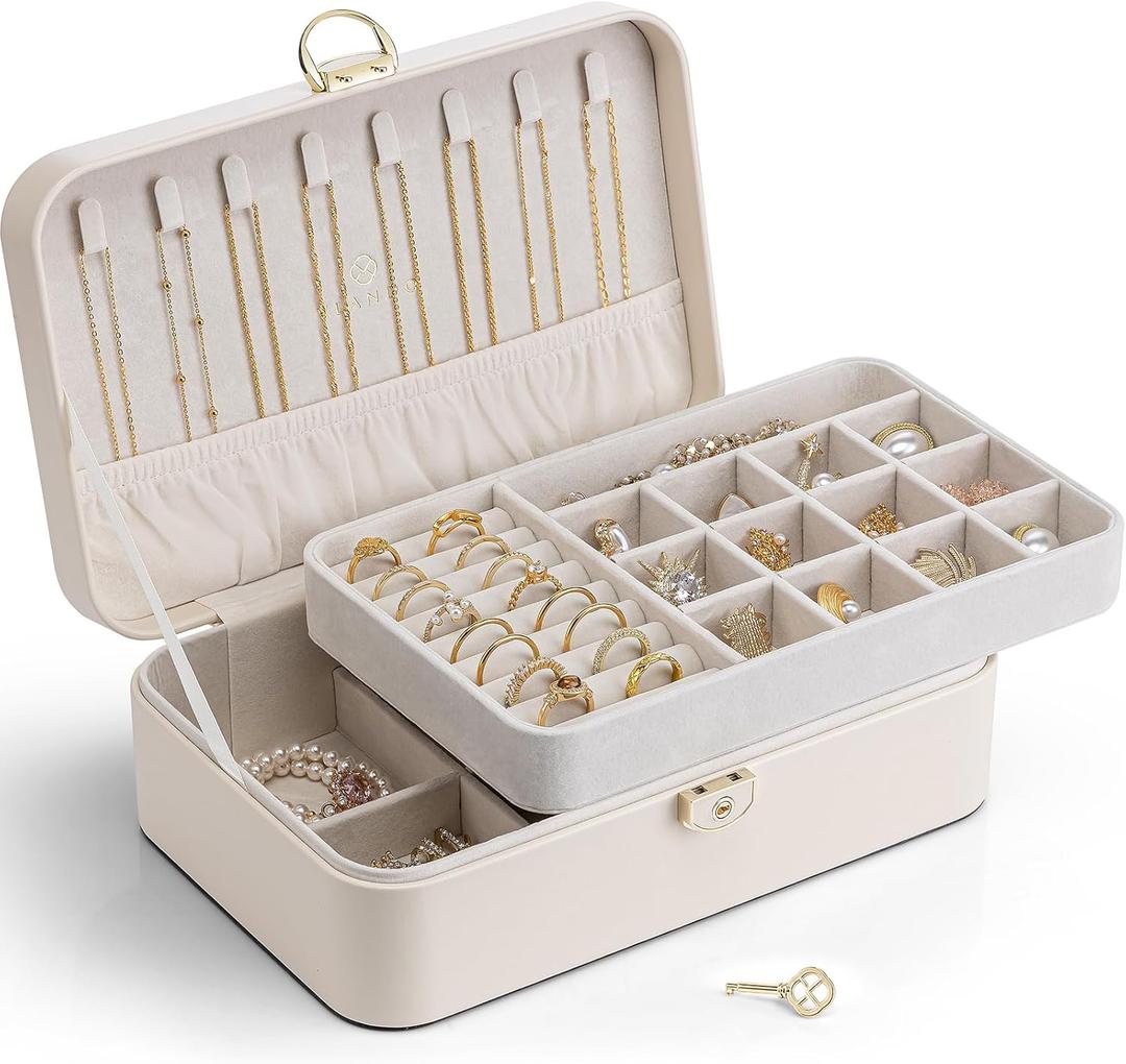 Vlando Jewelry Box Organizer for Women Girls, 2 Layer Jewelry Case with Lock,Jewelry Storage Earrings Necklace,Rings,Gift for Teachers Wedding Birthday Gifts-Cream White