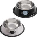 Cat Bowls for Food and Water,2PCS Rapsrk Non-Slip Stainless Steel Small Food Bowls 8 Oz Pet Bowl with Removable Rubber Base Dog Bowl,Stackable Cat Puppy Dishes Bowls with Cute Cats Painted (Black+Grey)