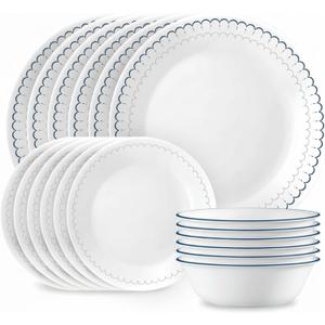 Corelle 18-Piece Dinnerware Set Service for 6, Lightweight Round Plates and Bowls Set, Vitrelle Triple Layer Glass, Chip Resistant, Microwave and Dishwasher Safe, Caspian