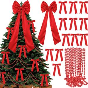 Gejoy Bow Christmas Tree Decoration Set, 30 Pcs Small Bows 1 Pcs 47" x 15.7" Large Tree Topper Satin Bows and Christmas Beads Garland Ornaments, Xmas Bead for Holiday Decor (Burgundy)