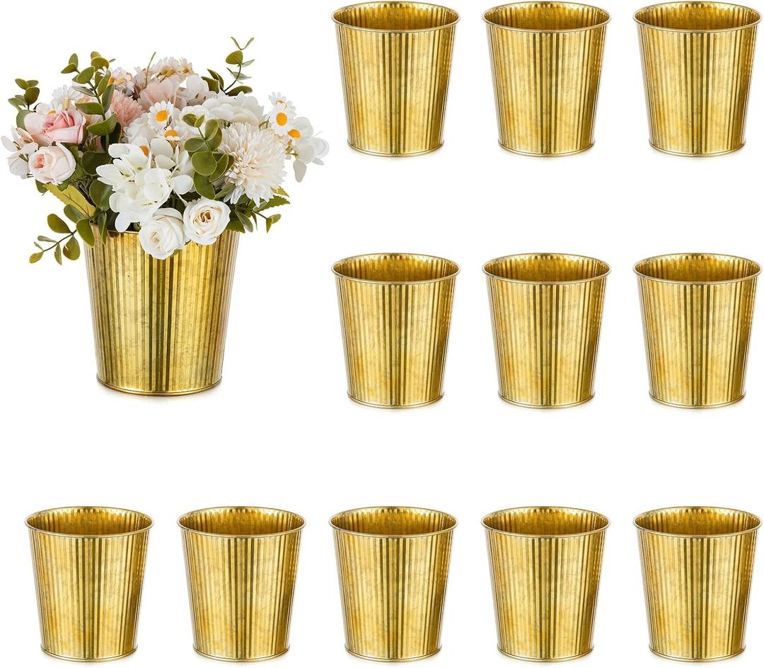 NUPTIO Gold Galvanized Vases for Centerpiece: 12 Pcs 5" Small Ribbed Vases for Flowers Bulk Metal Bucket Planter Pots for Wedding Table Home Decor