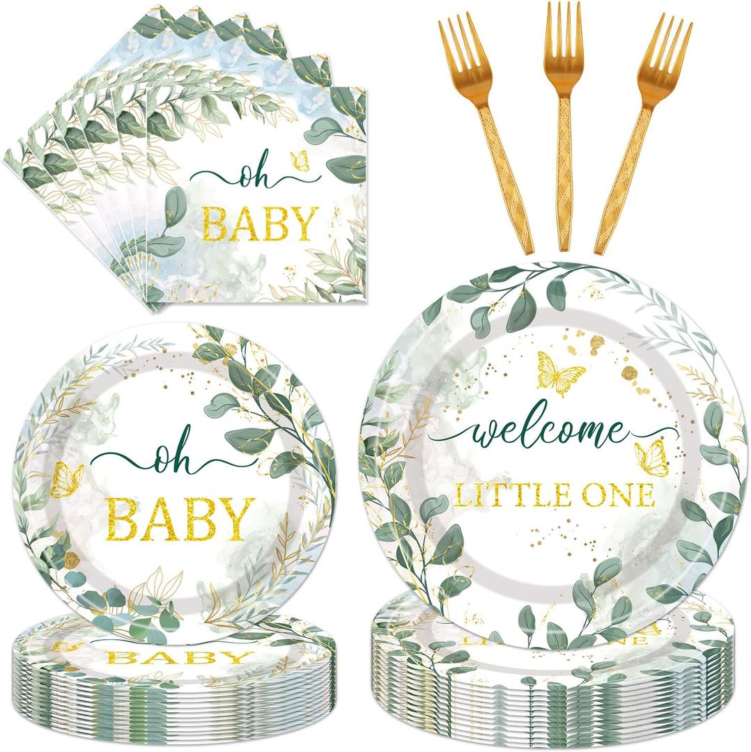 Sage Green Baby Shower Decorations - 96PCS Sage Plates and Napkins Party Supplies Welcome Little One Green Baby Shower Disposable Paper Tableware Set Serves 24 Guests