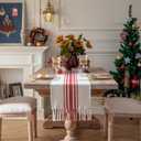 Christmas Table Runner 13 x 60 Inch for Dining Table, Boho dcor Coffee Table Runner with Handcrafted Tassels, red and Beige Stripe Table Runner for Holiday, Winter