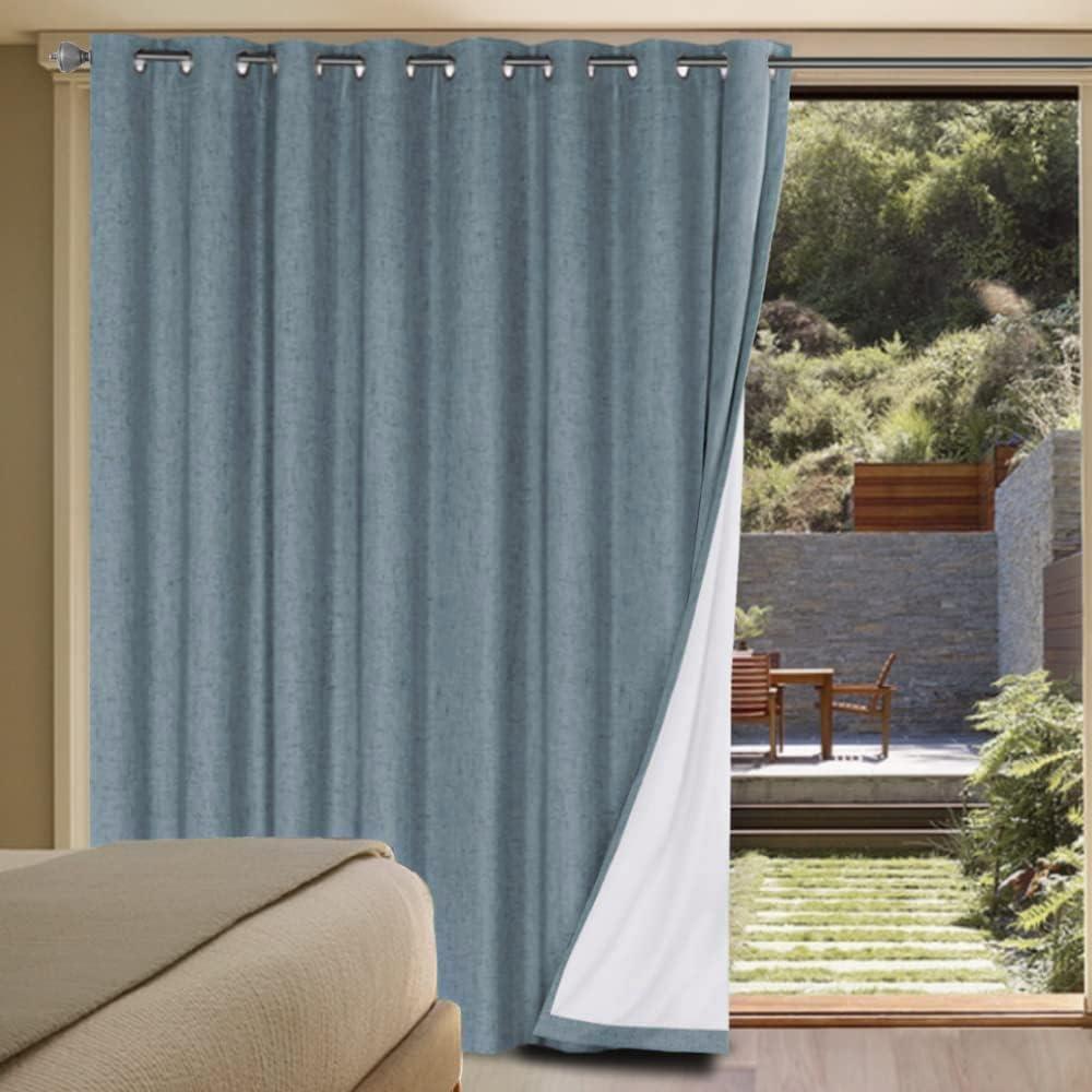 H.VERSAILTEX Linen Blackout Curtains Durable Thick Textured Linen Look 100% Blackout Patio Door Curtain Anti Rust Grommet Extra Wide Sliding Door Curtain Panel, W100 x L84 inch - Stone Blue