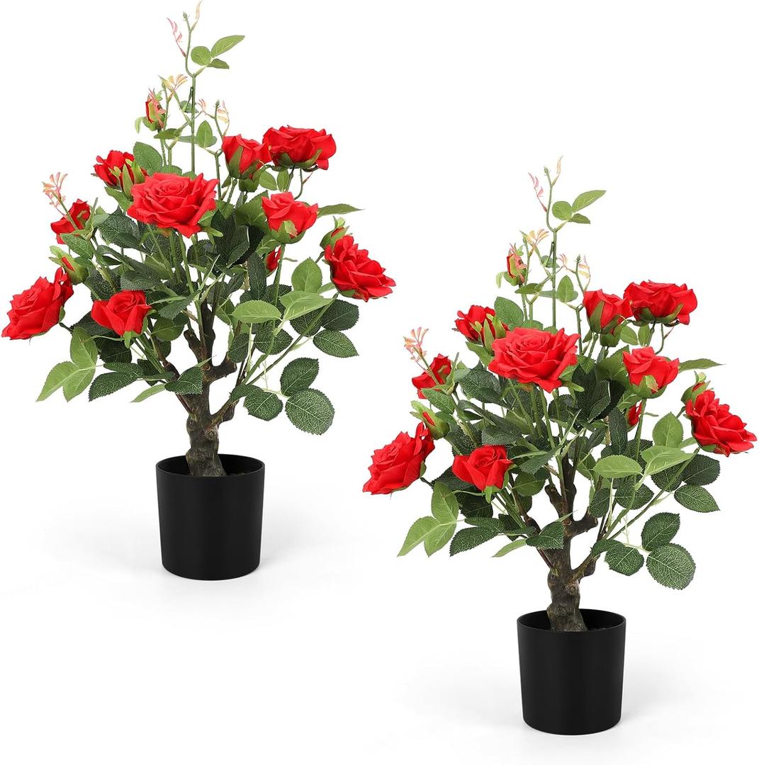 Romantic season 2Pack Artificial Rose Flower Trees, 24Inch Red Faux Rose Tree with Green Leaves for Living Room Office Home Outdoor Indoor Decor (2FT)