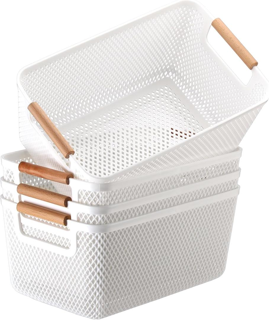 Tioncy 4 Pcs White Mesh Baskets with Wooden Handles Plastic Storage Organizer Baskets Pantry Basket Fruit Vegetables Gathering Basket Bin for Organizing Cabinet Closet Bedroom Kitchen(Medium)