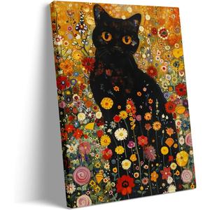 Flower Black cat wall art printing Black Cat in a room decorated with fresh flowers Cat Color plant flower Painting Living Room Bedroom Bathroom Home decoration (12x15in Framed, art)
