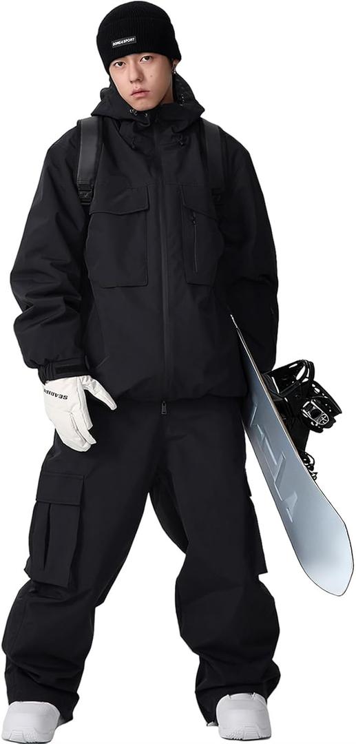 YEEFINE Women's Snow Snowboard Suits Baggy Men's Ski Jacket and Pants Set Insulated Snowsuits Waterproof Winter (X-Large, Black)