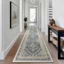 Hallway Runner Rug 2x12, Extra Long Washable Runner Rugs with Rubber Backing, Non Slip Runner, Vintage Rug Runners for Kitchen Laundry Room Entryway (Blue/Beige,2'x12')