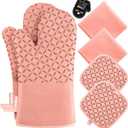 KEGOUU Oven Mitts and Pot Holders 6pcs Set, Kitchen Oven Glove High Heat Resistant 500 Degree Extra Long Oven Mitts and Potholder with Non-Slip Silicone Surface for Cooking (Pink)
