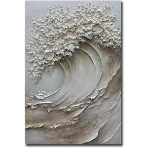 V-inspire 3D Textured Ocean Wave Canvas Wall Art, 30 x 45 inches, Hand-Painted with Wood Frame, Modern Abstract Grey
