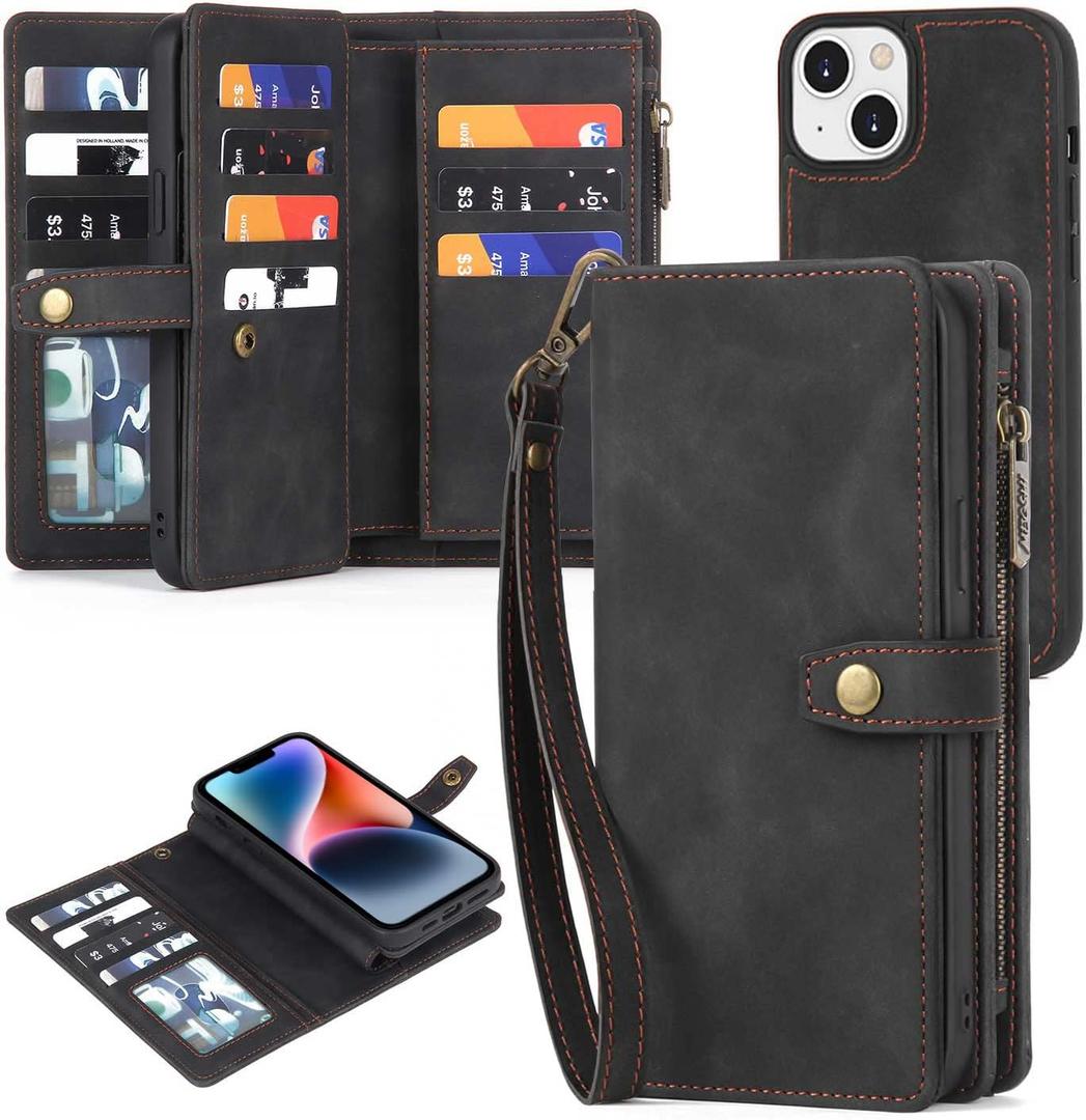 TwoHead for iPhone 13 Wallet Case with Card Holder, Detachable Magnetic Phone Case with Wallet PU Leather Wallet Phone Case for iPhone 13 Case Wallet for Women/Men with Wrist Strap (Black)