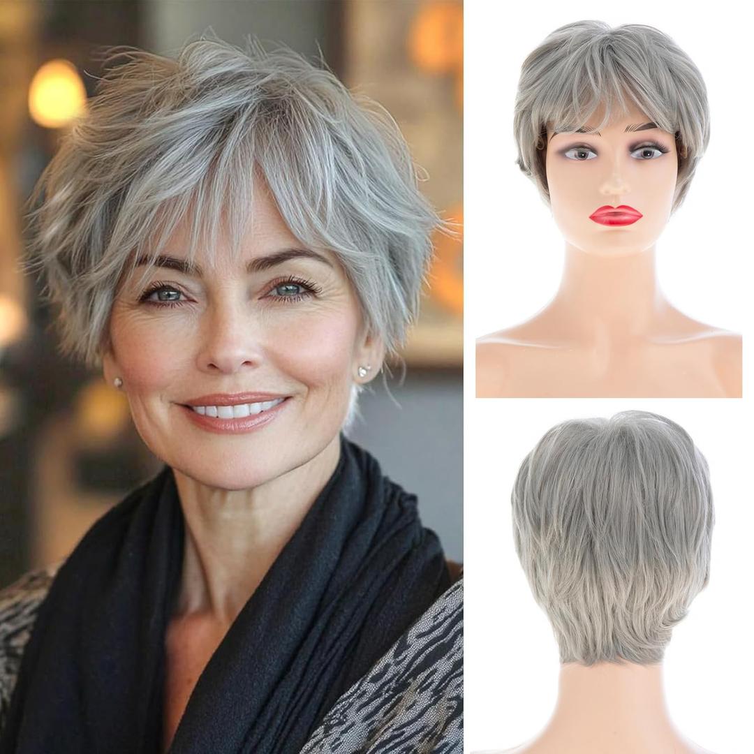 Women's Short Gray Pixie Cut Wig with Bangs Natural Looking Synthetic Hair for Cosplay Daily Wear