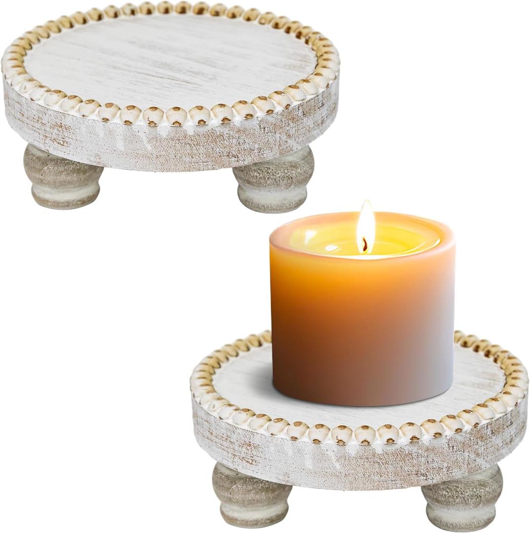 Small Wood Risers for Decor, Round Wooden Display Risers Candle Plates and Trays, Farmhouse Candle Trays Home Decor, Pedestal Stand for Mini Cake, Mug Display Decorative, Table Centerpiece, White