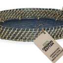 | Round Rattan Serving Tray with Handles | Handmade Woven Cane Basket Tray for Coffee Table, Kitchen & Home Dcor | Large (14" X 14" x 2" inch) | Navy Blue