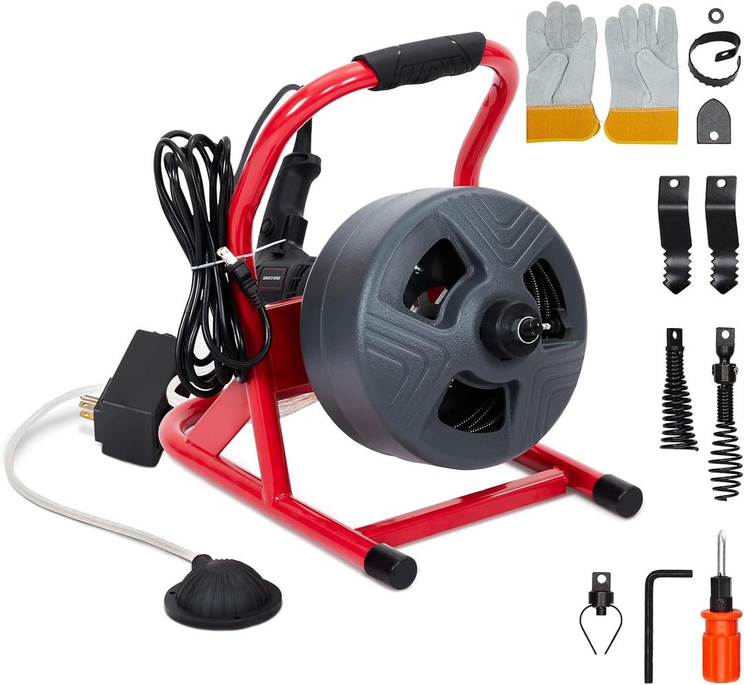 GARVEE Drain Cleaner Machine, 50 ft X 5/16 in Professional Automatic Electric Drain Auger for 3/4 to 3 in Pipes, Portable Electric Drain Snake with 6 Cutters & Foot Switch and Pair of Gloves