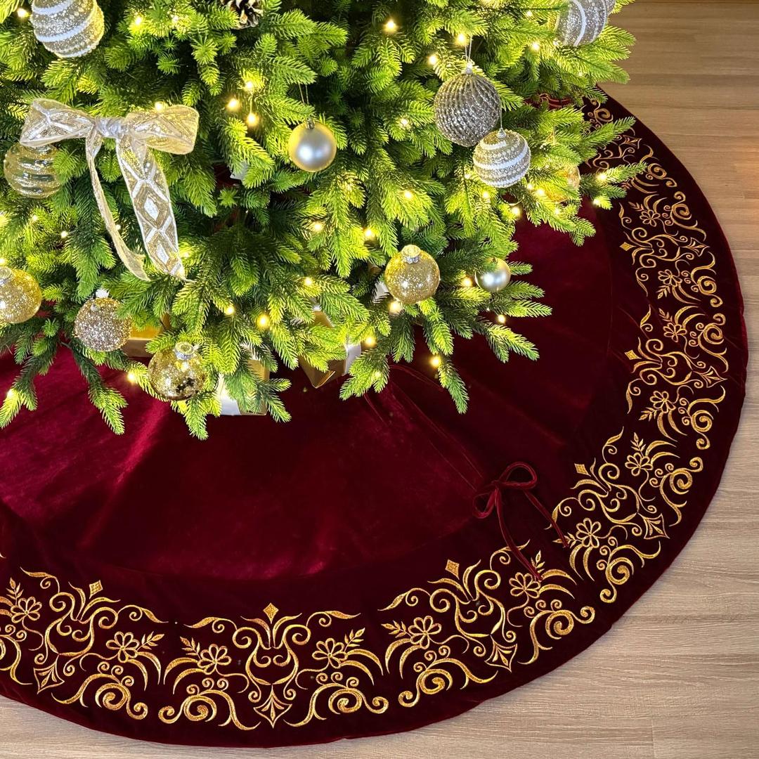 84-Inch Victorian Velvet Christmas Tree Skirt with Gold Damask Embroidery and Plush Lace Ties, Burgundy