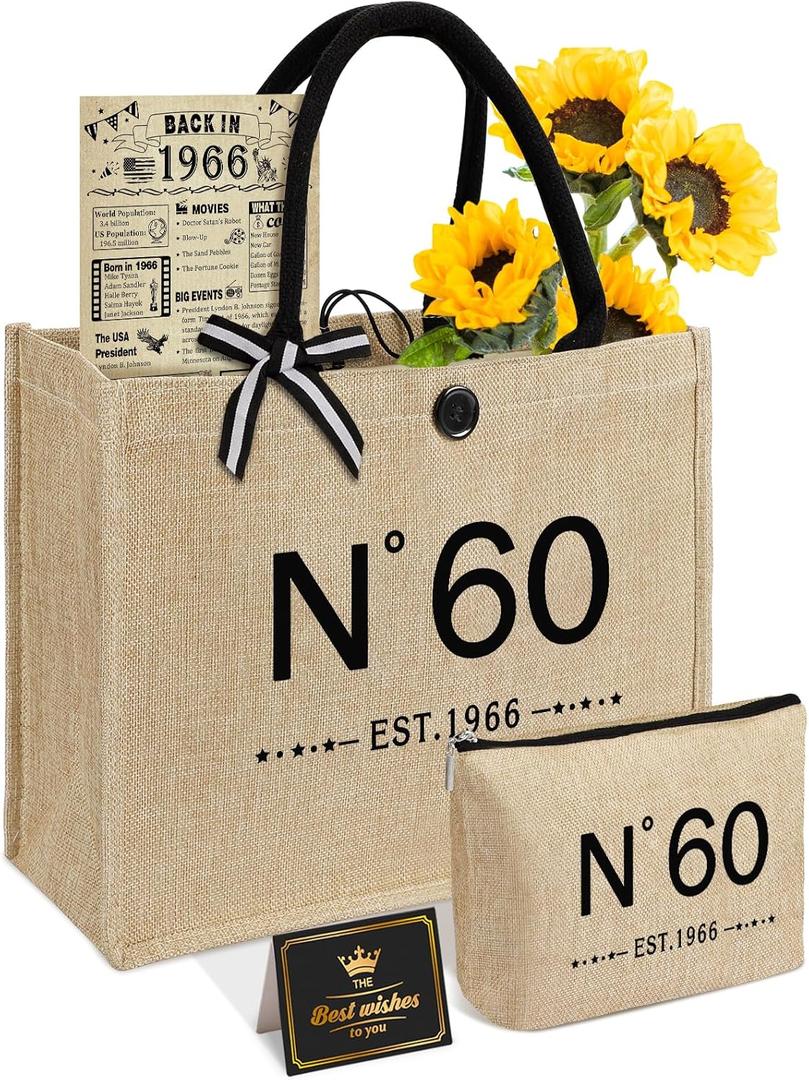 60th Birthday Gifts for Women Jute Tote Bag, Vintage N60 Burlap Handbag with Cosmetic Bag and Back in 1966 Poster, Unique 60 Years Old Gifts for Mom Friends Wife Sister Her