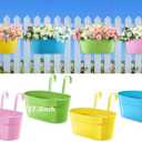 Honeydak 4 Pcs 17.3 Inch Large Metal Iron Hanging Flower Pots Outdoor Rail Planter with Detachable Hooks and Drainage Holes Deck Railing Fence Flower Buckets Plant Holder for Home (Multicolor)