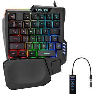 CHONCHOW One Handed Gaming Keyboard Rainbow LED Light Up, 35 Keys Protable Mini Single Hand Keyboard with Wrist Rest, Ergonomic Wired One Hand Keyboard for Xbox PS4 PS5 PC Laptop with USB Hub