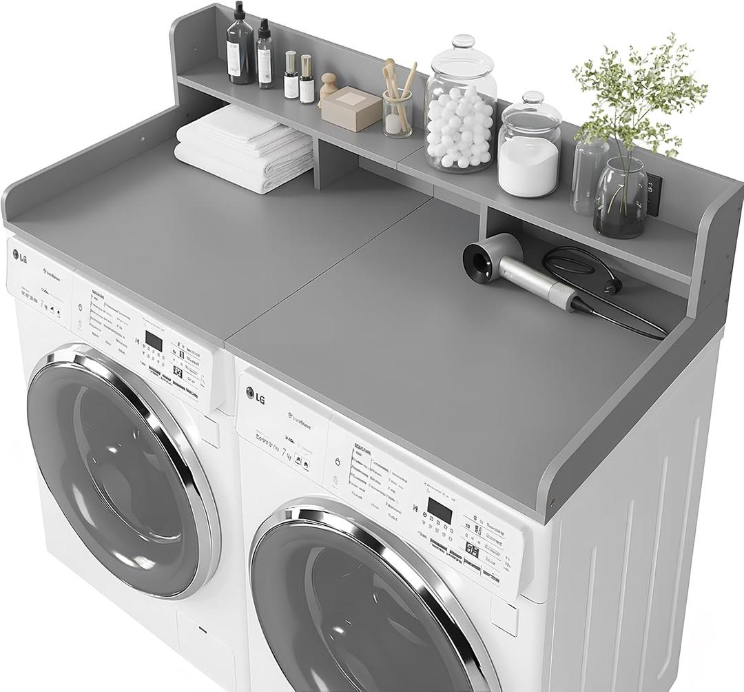 Washer Dryer Countertop with Shelf, 2-Tier Laundry Countertop Over Washer and Dryer, 54" x 27.55" Wooden Table for Folding Clothes for Laundry Room Organization and Storage (Gray)
