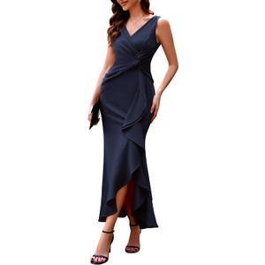 BeryLove Formal Wedding Guest Evening Midi Ruffle Dresses Prom Cocktail Party Mother of The Bride Dress (Blue, S)