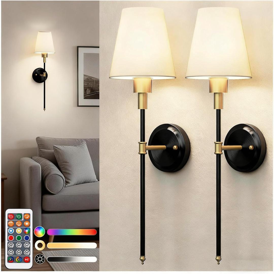 DORESshop Battery Operated Wall Sconce Set of 2, Wireless Wall Light Easy to Install, 7 Color Rechargeable Wall Sconces, Sconce Wall Decor Set of 2 for Bedroom, Living Room, Gold and Black, 24.6in