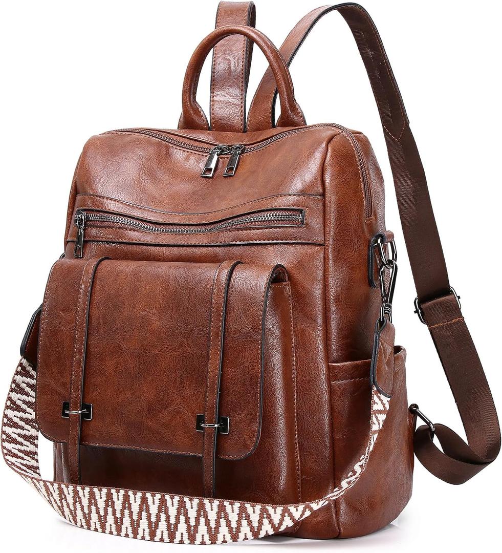 WYFJNX PU Leather Backpack Purse for Women, Fashion Ladies Backpack Purse Brown Medium Size, Convertible Shoulder Bags Handbag, Suitable for Shopping, Traveling, Work for Women