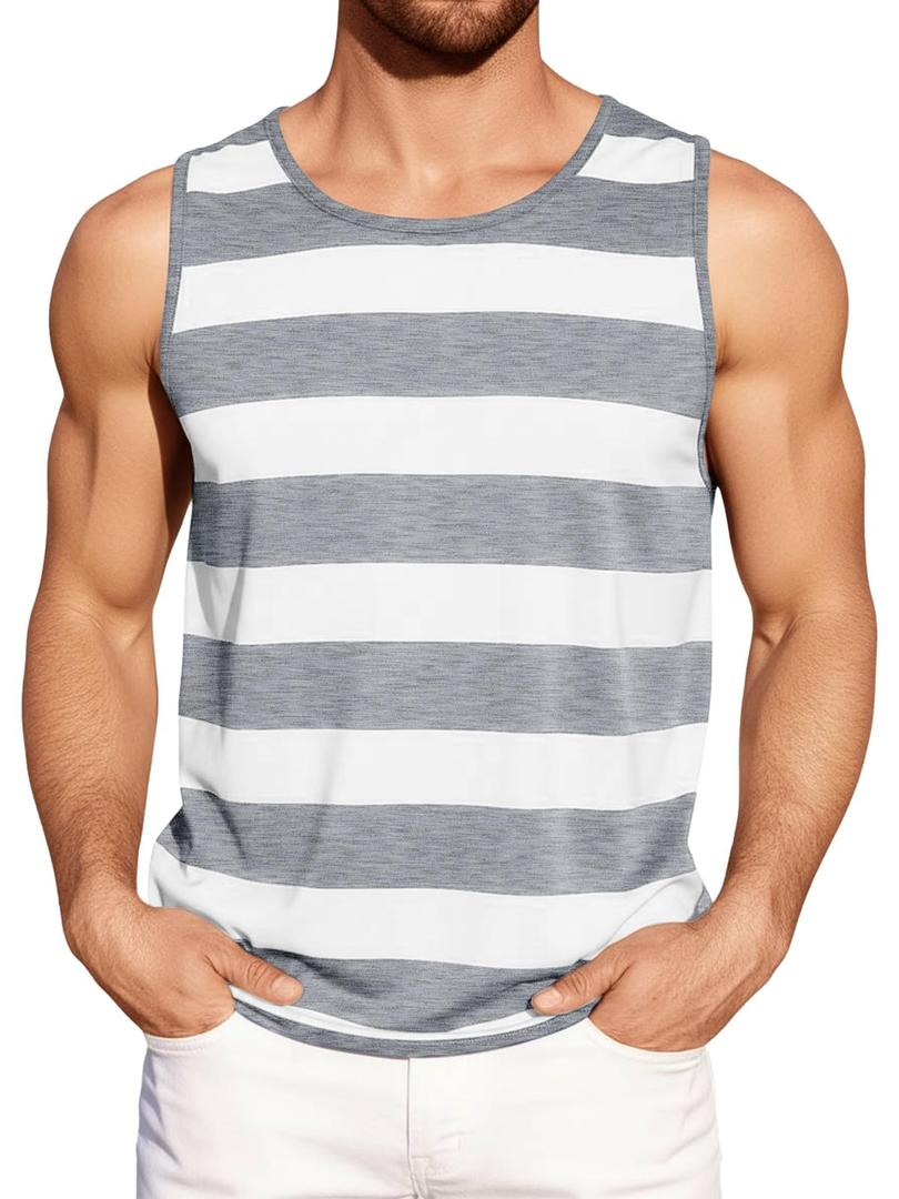 Runcati Mens Workout Tank Tops Sleeveless Striped Muscle Gym T Shirts Grey (L)