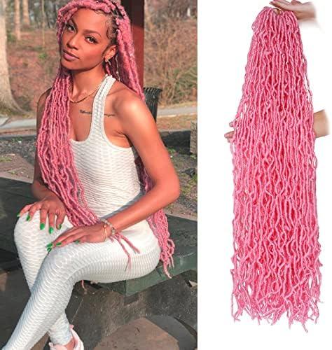 Leeven 5 Packs 30 Inch Pink Soft Locs Crochet Hair Pre Looped Distressed Faux Locs Natural Butterfly Locs Boho Goddess Locs Curly Synthetic Braids Hair for Women 15 Strands/Pack