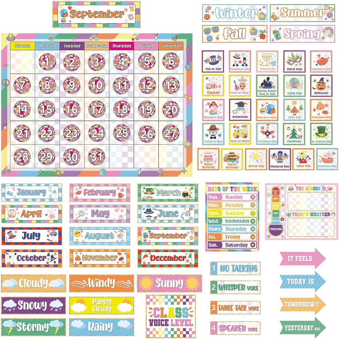 2 x Classroom Calendar Bulletin Board Set Classroom Decorations with Seasons Weather Days of the Week Chart with Hook and Loop Dots for Elementary Preschool Home Office Wall Teacher Supplies(Disco Retro)