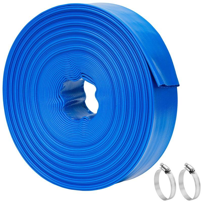 LINEX 2 IN x 50 FT Pool Backwash Hose - Heavy Duty Reinforced PVC Drain above Ground Swimming Pool Hoses, Flat Water Hose for Sump Pump Waste Discharge & Sand Filter Drainage, with Clamp (Blue)