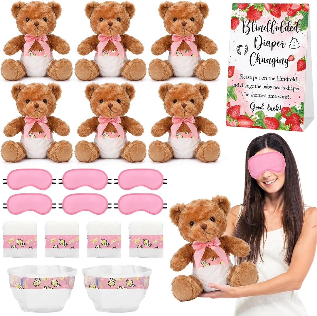 Simgoing 19 Piece Bear Themed Baby Shower Diaper Changing Game Supplies Include 12 inch Bear Dolls Blindfold Diapers Games Prizes for Adult Gender Reveal Raffle Party(Fashion,Pink)