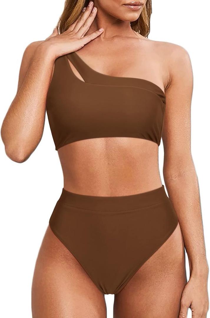 MOOSLOVER Women Cutout One Shoulder High Waisted Bikini High Cut Two Piece Swimsuits (Medium, Coffee)