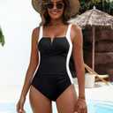 CiCiBird Women's Tummy Control One Piece Swimsuit Color Block Slimming Bathing Suit Sexy Lace Up Back Swimwear (Black, XL)