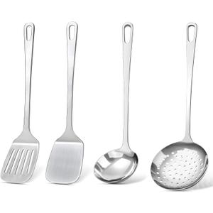 4 Pcs Cooking Utensils Set, Stainless Steel Kitchen Utensils, Heat Resistant Metal Kitchen Tools Include Solid & Slotted Turner Wok Spatula, Serving Spoon, Ergonomic Handle, Easy to Clean, Silver
