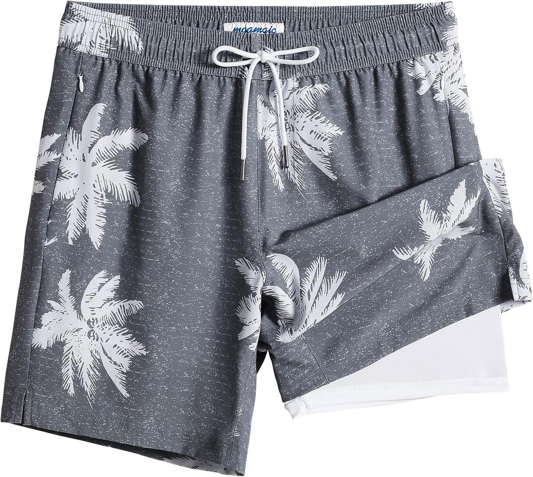maamgic 2 in 1 Mens Swim Trunks 7 Inch Swim Shorts Swim Suits Board Shorts (Large, Gray-palm Tree)