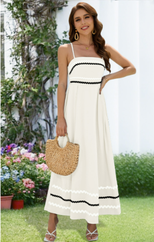 Dressystar Women's Summer Spaghetti Straps Maxi Dress Casual Smocked Sundress Flowy Beach Wedding Dresses, White, M