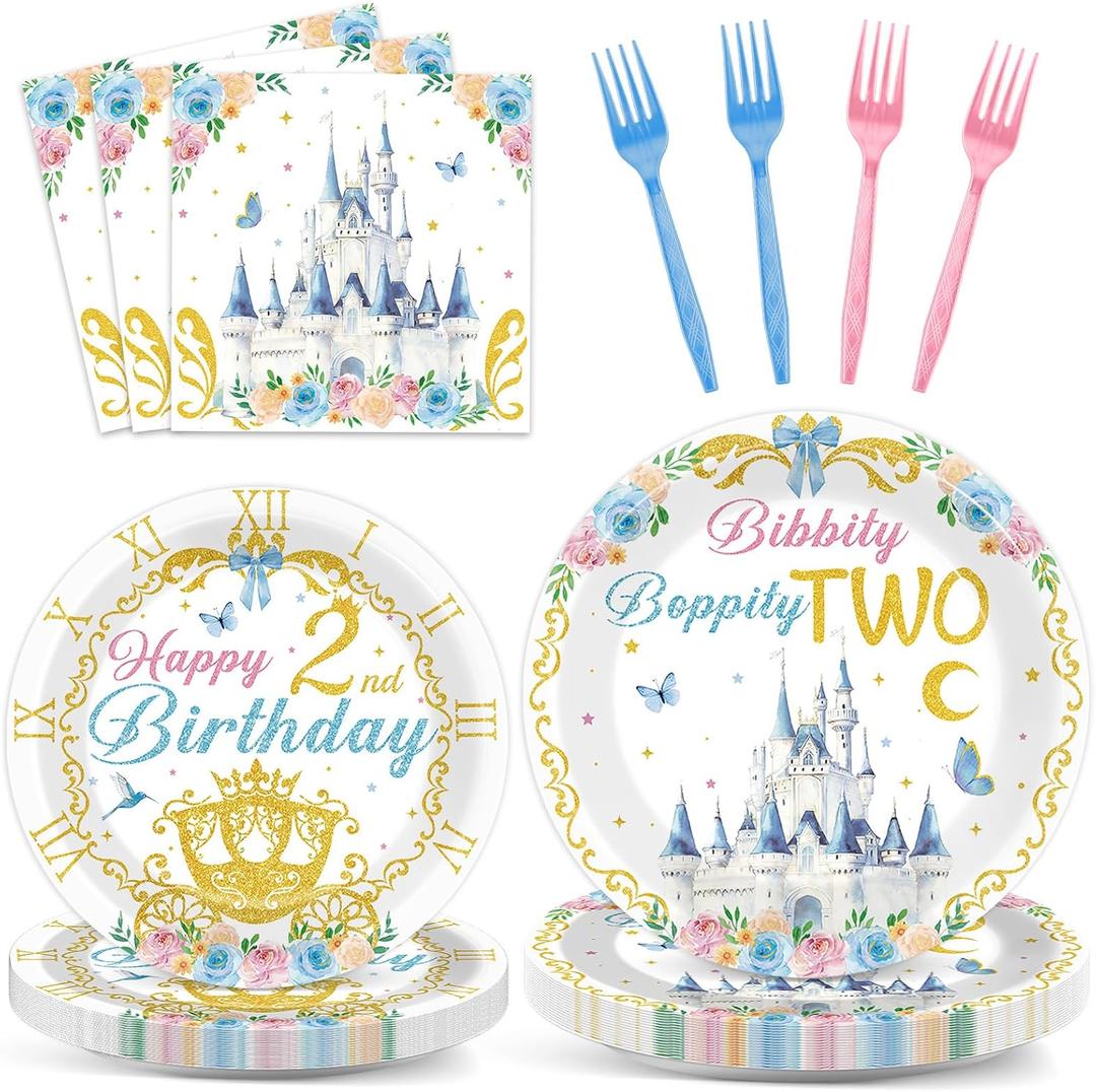 96PCS Princess 2nd Birthday Party Supplies Bibbity Boppity Two Plates and Napkins Blue Pink Castle Party Decors for Girls Princess 2nd Birthday Decorations Castle Tableware Dinnerware Serves 24 Guests