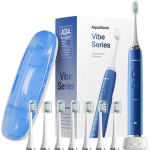 Aquasonic Vibe Series Ultra-Whitening Toothbrush  ADA Accepted Electric Toothbrush - 8 Brush Heads & Travel Case  40,000 VPM Motor & Wireless Charging - 4 Modes w Smart Timer  Sapphire Blue