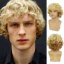 Mens Blonde Wig Short Wavy Fluffy Natural Synthetic Wig with Bangs Costume Daily Party Cosplay Halloween Wig for Males