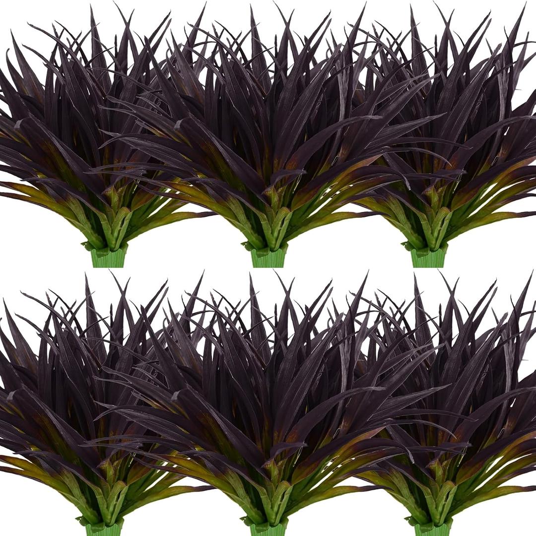 24Pcs Artificial Grass Plant Fake Outdoor Plastic Plants UV Resistant Faux Grasses Greenery Shrubs for Window Box Garden Patio Porch Home Decor Deep Purple