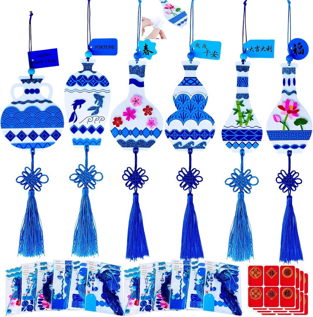 Winlyn 24 Sets Chinese New Year Decorations DIY Ming Vase Ornaments Craft Kits Blank Foam Vases with Blue and White Chinese Stickers for Kids Asian Classroom Activities Party Favors Gift Exchange