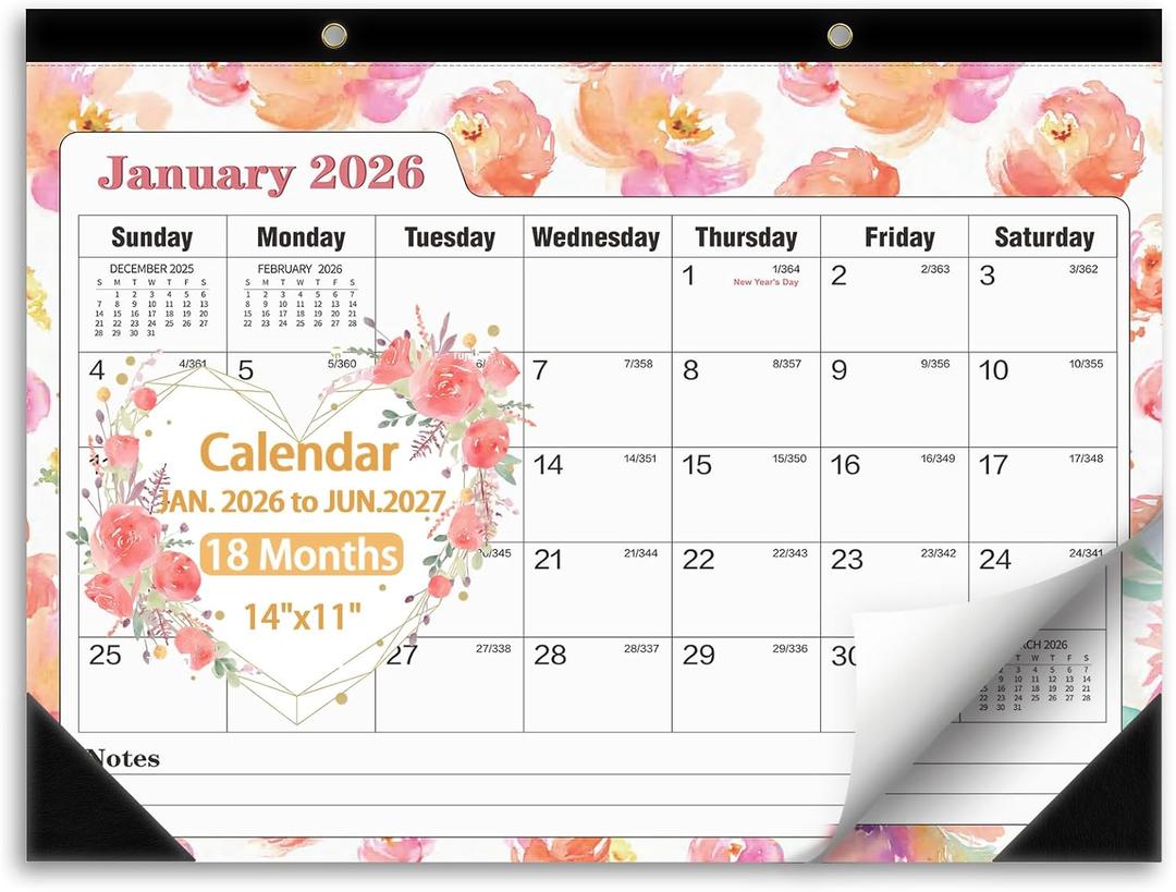 4 x Ymumuda Desk Calendar 2026-2027 Wall Calendar 2 in 1, Monthly Desk Calendar 2026 from JAN.2026 to JUN.2027, 18-Month, Large 12"17", Waterproof Cover, Hanging Rope, Home/office/School Planners (F-Pink Floral)