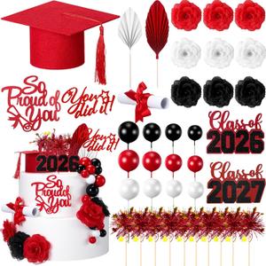 Sureio 48 Pcs Graduation Cake Toppers Class of 2026 Congrats Grad Cake Decor Graduation Cap Diploma Artificial Flower Card Ball Palm Leaves Firework Stick Kit for Theme Party Supplies(Red, White)