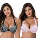 Curve Muse Women's Plus Size Add 1 and a Half Cup Push Up Underwire Convertible Lace Bras -2PK-Black,Pink-Size US 48C