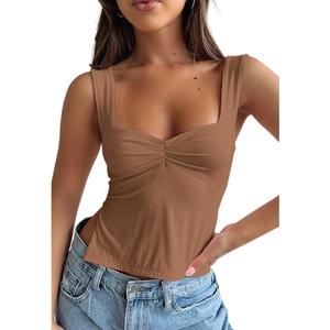GTETKDE Women's Sexy Sleeveless Skinny Crop Tank Tops Strappy Slits Pleated Bustier Sweetheart Neck Backless Y2K Cropped Cami (Brown) S 