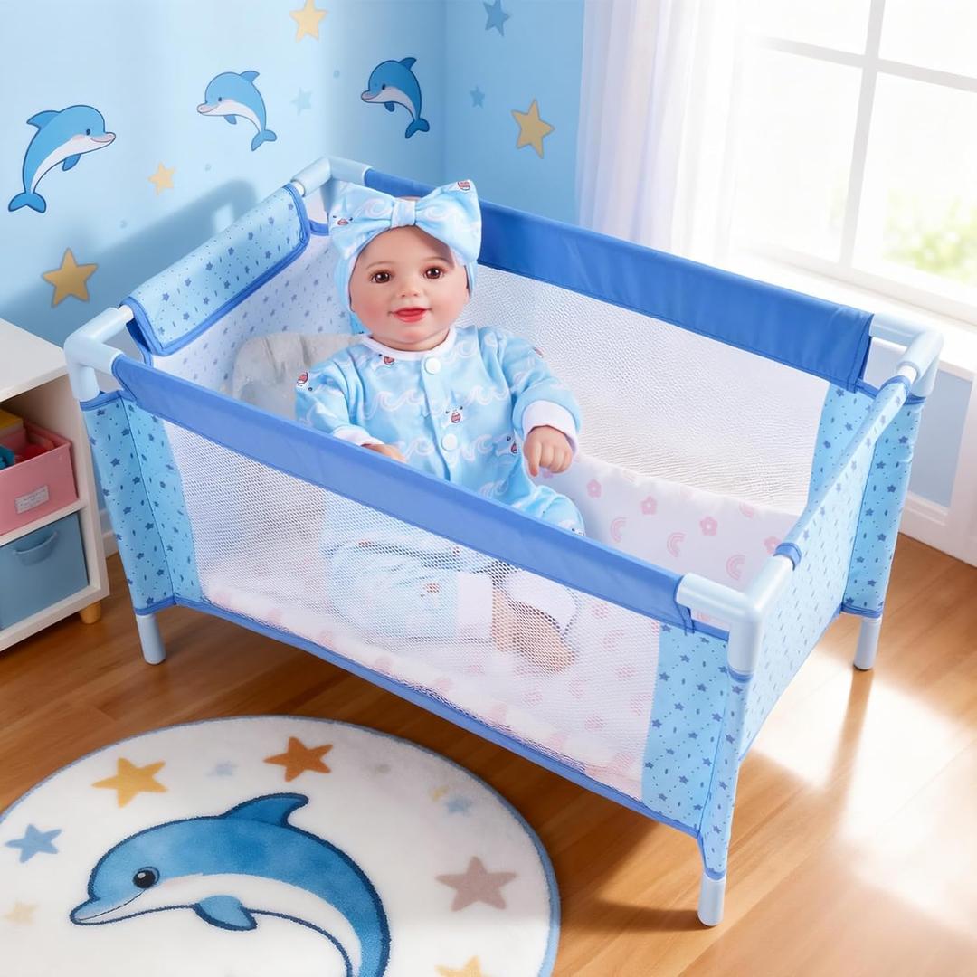 BABESIDE Baby Doll Crib Set for 18 Inch Dolls, Foldable Baby Doll Bed Playpen Toy Crib with Storage Bag for Reborn Baby Doll Accessories